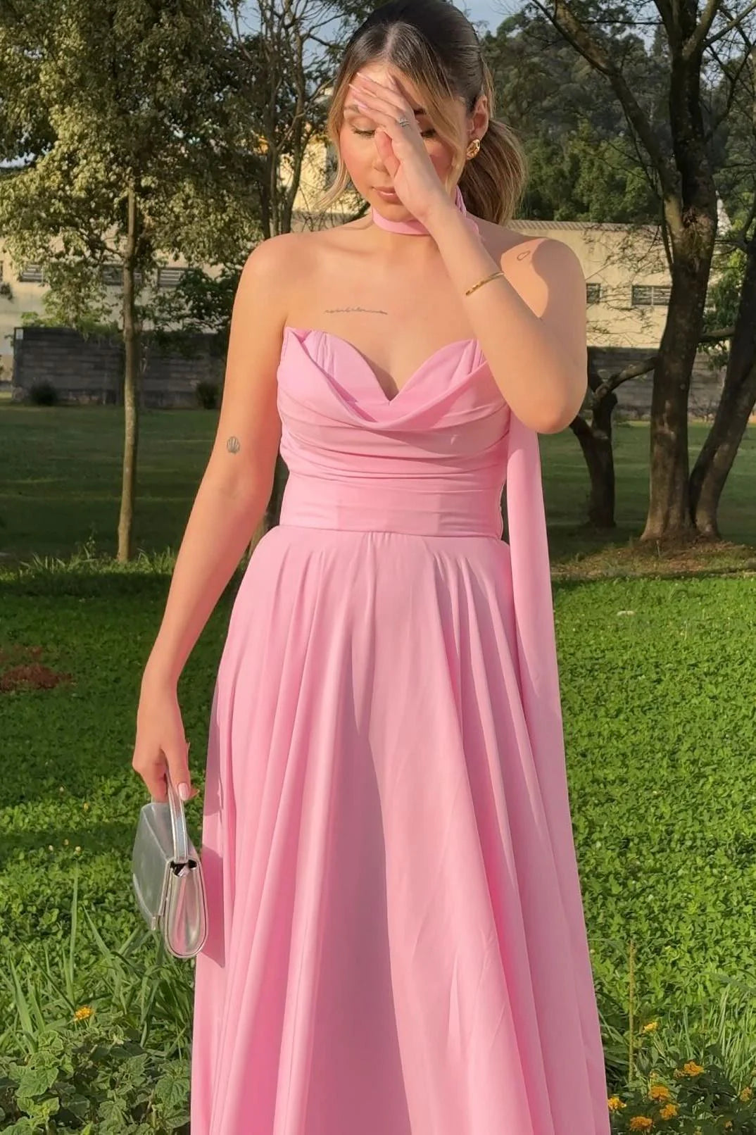 Formal Women's Dresses Strapless Pink Chiffon A-line Long Formal Dress Backless Prom Dress Prom Dress In Store
